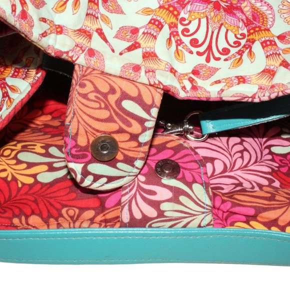 Karried Astray Teal Green Faux Leather Floral Fabric Satchel Shoulder Purse - Picture 13 of 14